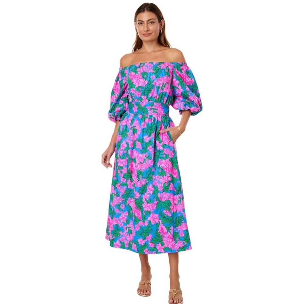 Lilly Pulitzer Pink & Green Floral Off-Shoulder Midi Dress - Picture 3 of 14